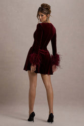 Port Velvet Plunge-Neck Feather Trim Mini Dress